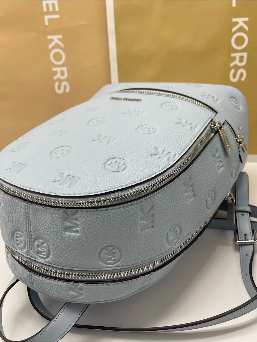 Michael Kors Rhea Medium Zip Logo Debossed Backpack Pale Ocean NWT